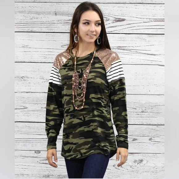 Rose Gold Sequins & Stripes Camo Long Sleeve Top - Picture 3 of 5